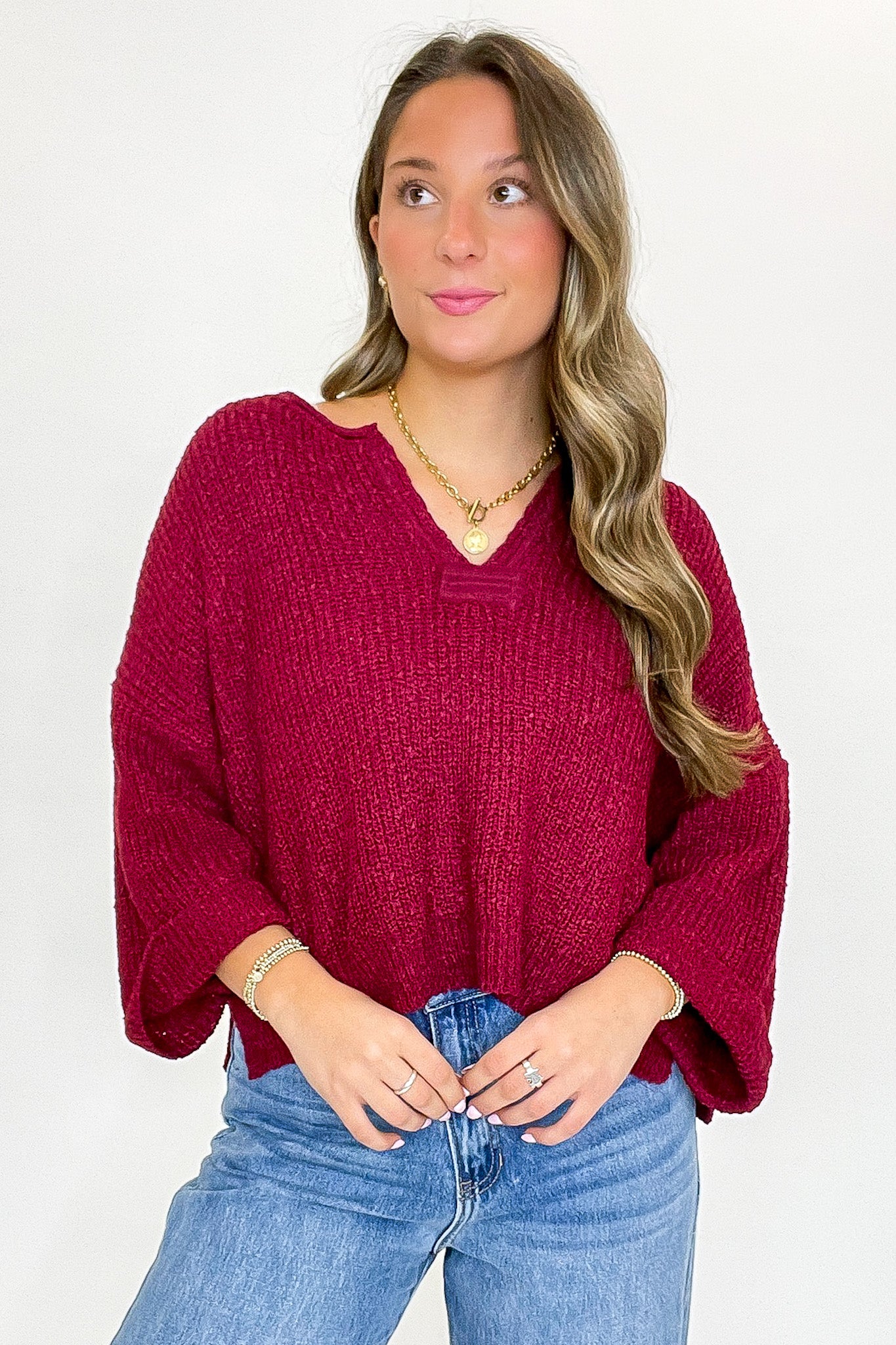 Cabernet / SM Leonie V-Neck Patch Knit Pullover - BACK IN STOCK - Madison and Mallory