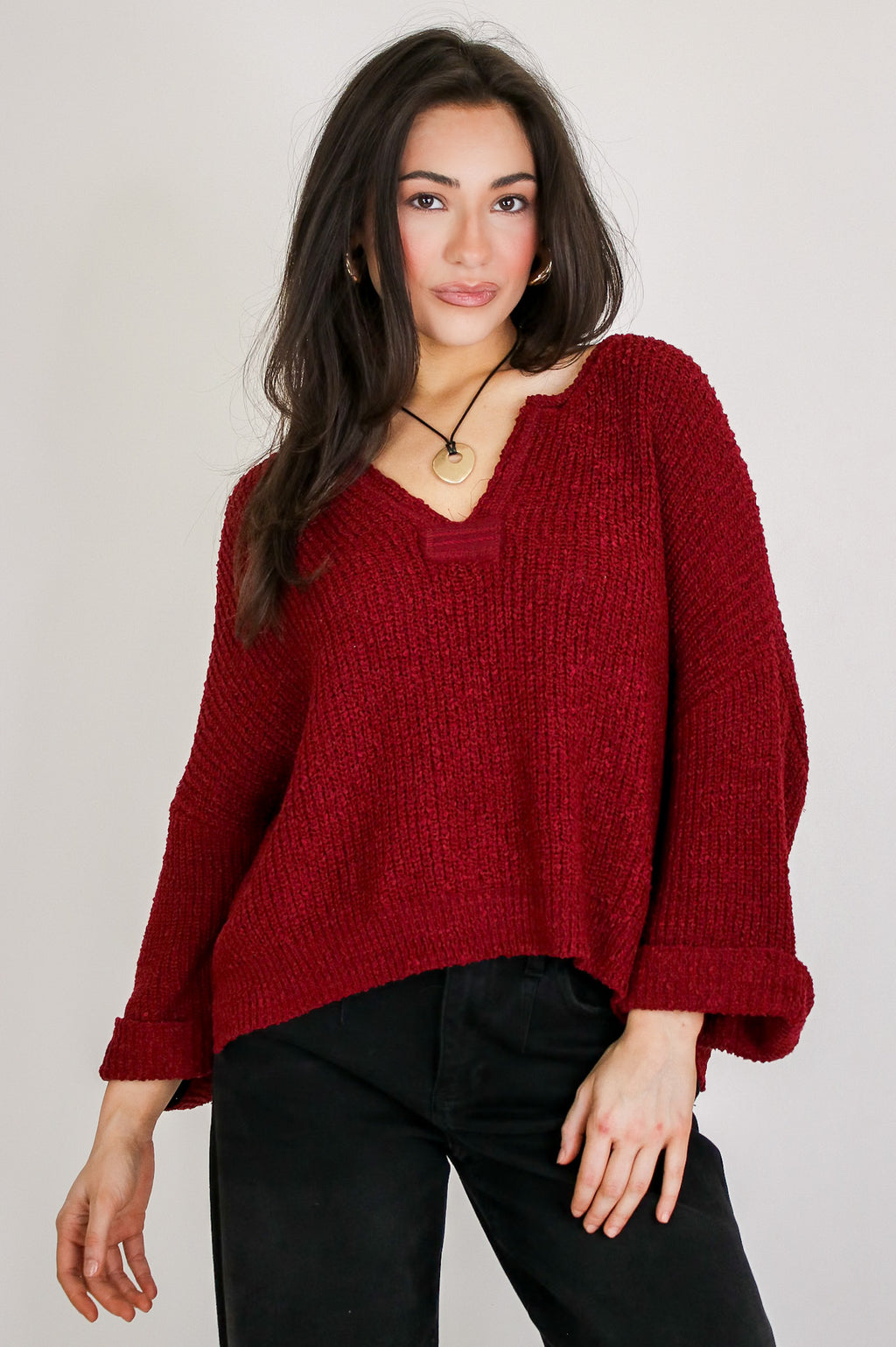 Cabernet / SM Leonie V-Neck Patch Knit Pullover - Madison and Mallory