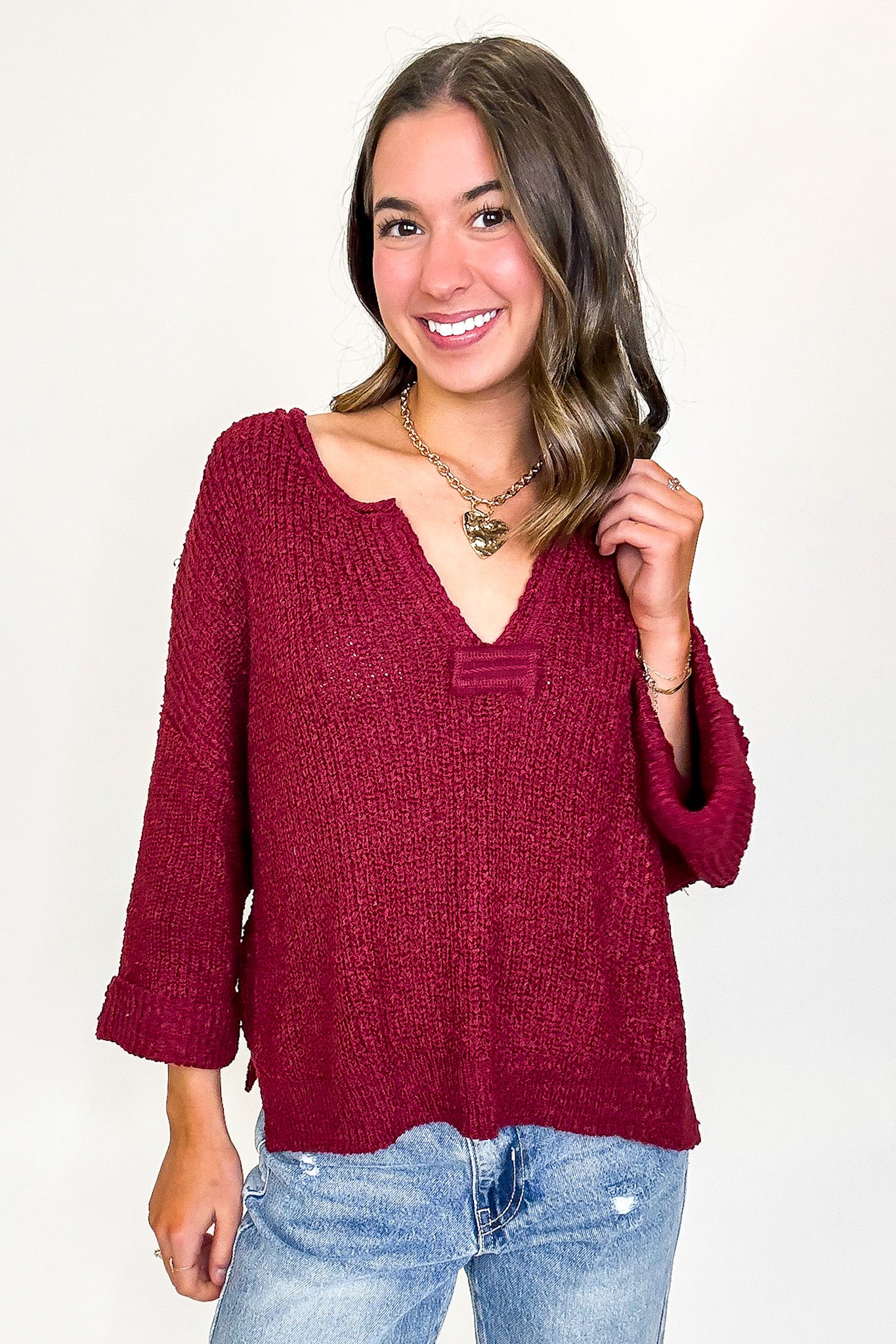 Leonie V-Neck Patch Knit Pullover - BACK IN STOCK - Madison and Mallory