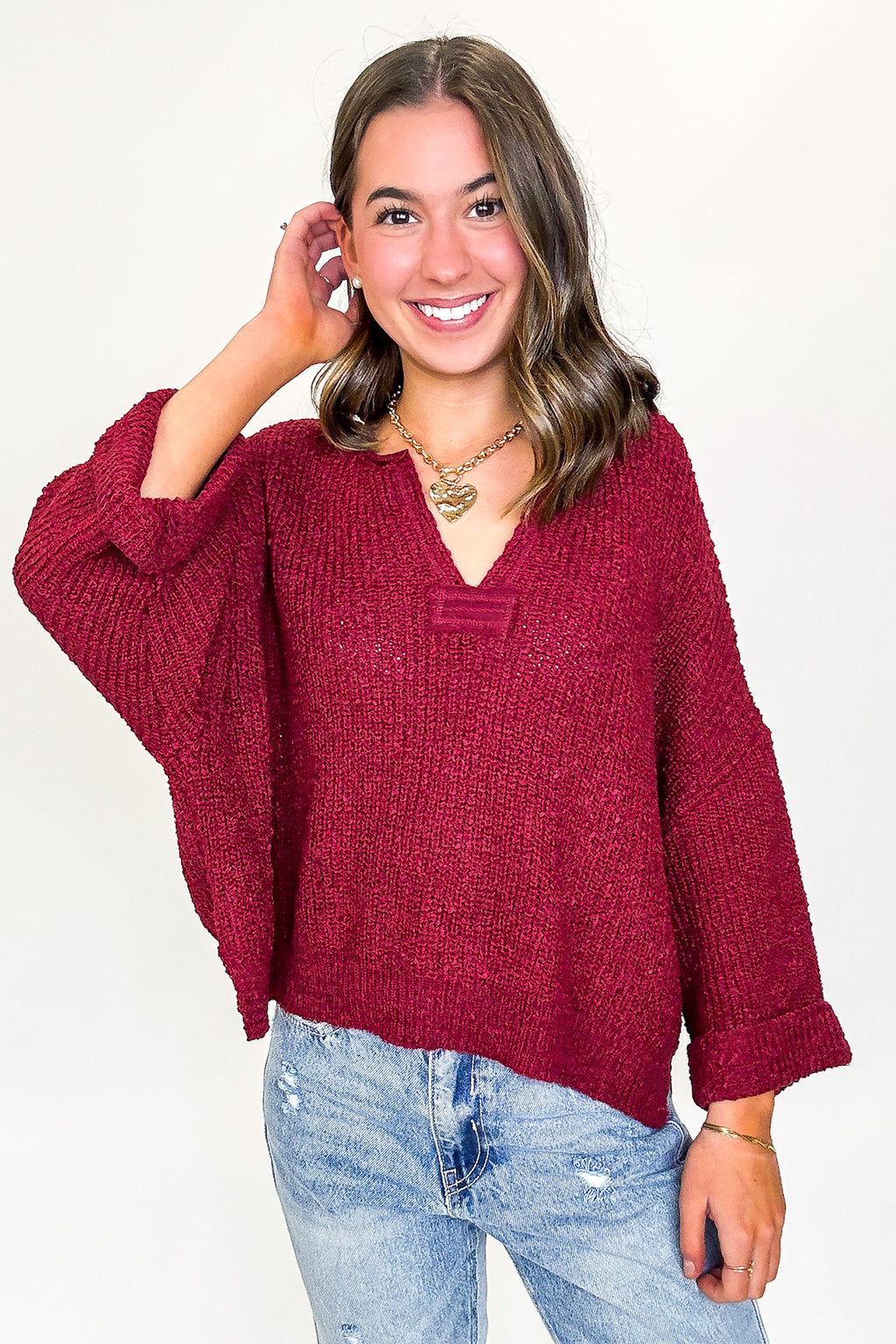 Leonie V-Neck Patch Knit Pullover - BACK IN STOCK - Madison and Mallory