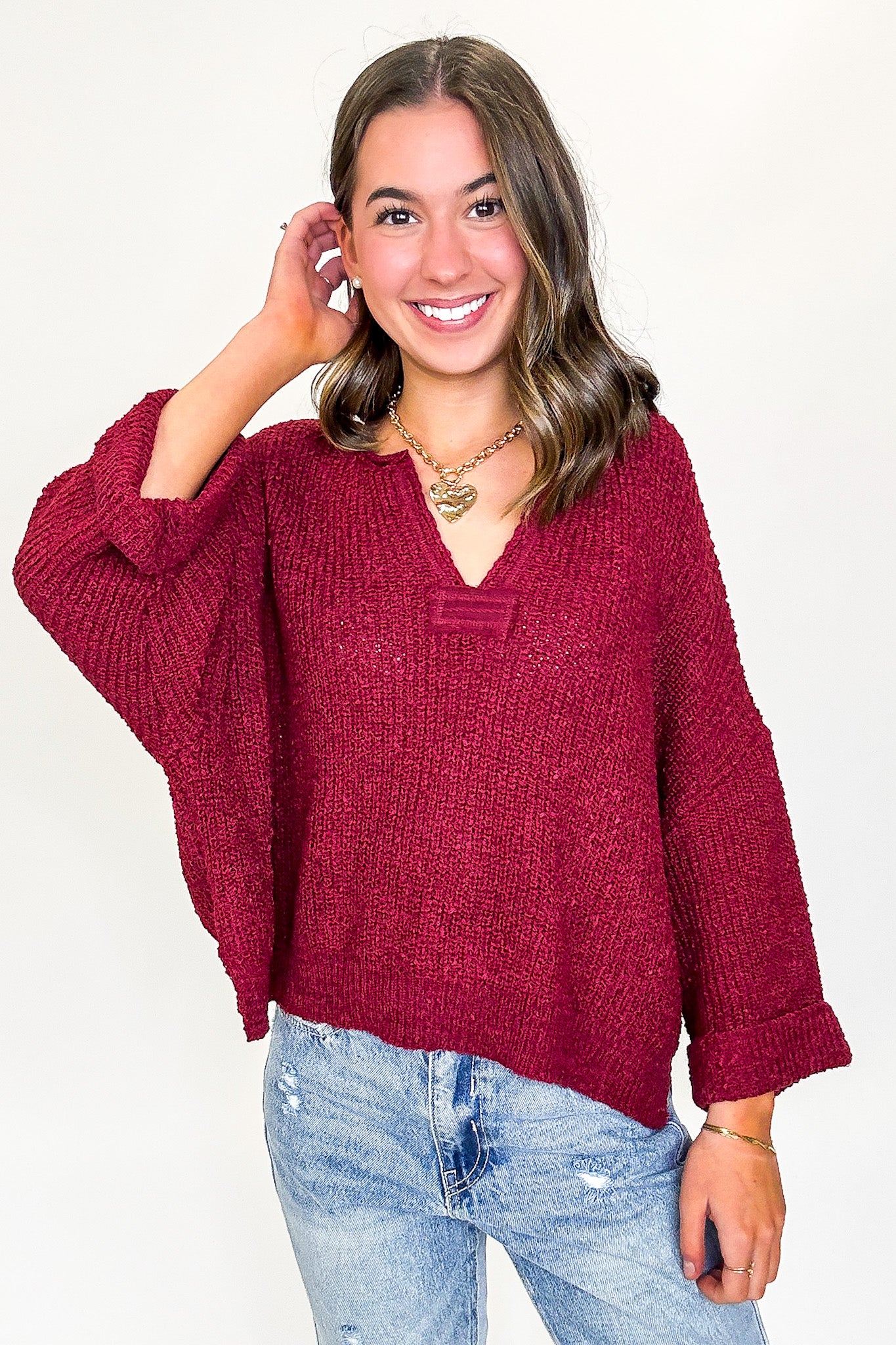 Leonie V-Neck Patch Knit Pullover - BACK IN STOCK - Madison and Mallory