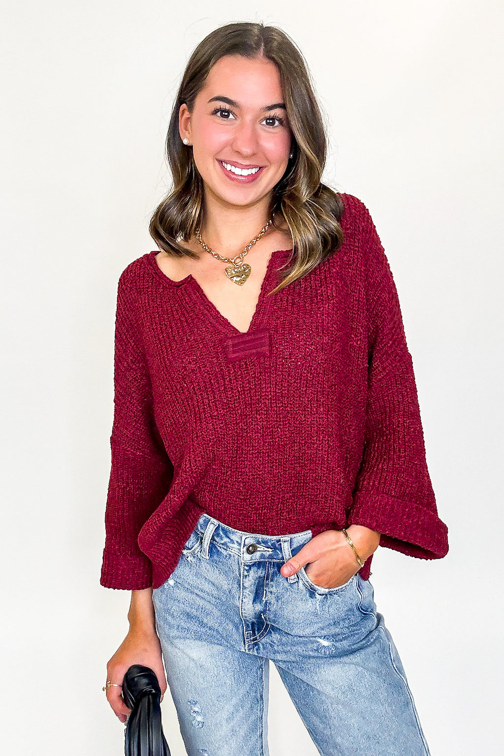Leonie V-Neck Patch Knit Pullover - BACK IN STOCK - Madison and Mallory