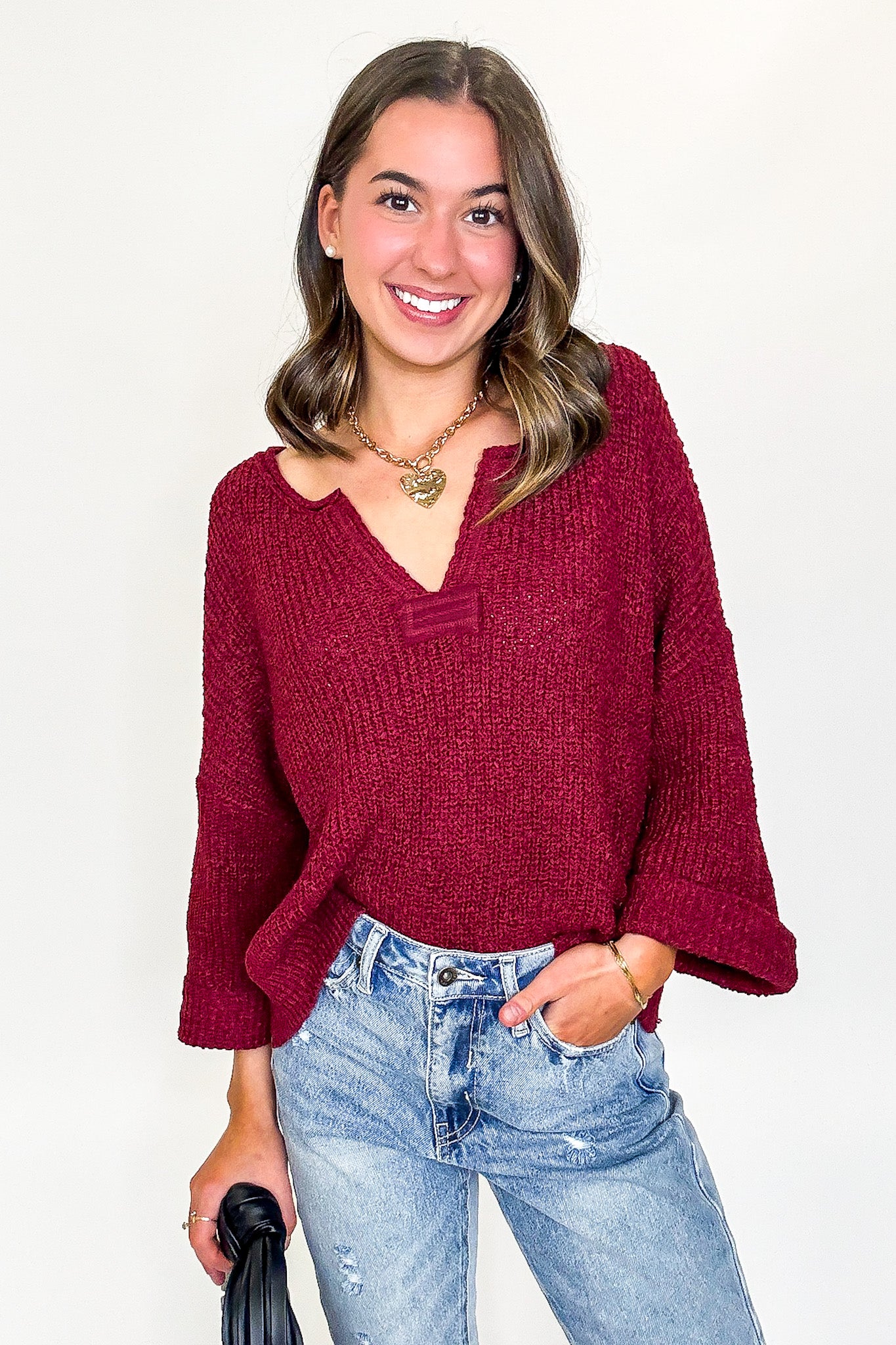 Leonie V-Neck Patch Knit Pullover - BACK IN STOCK - Madison and Mallory