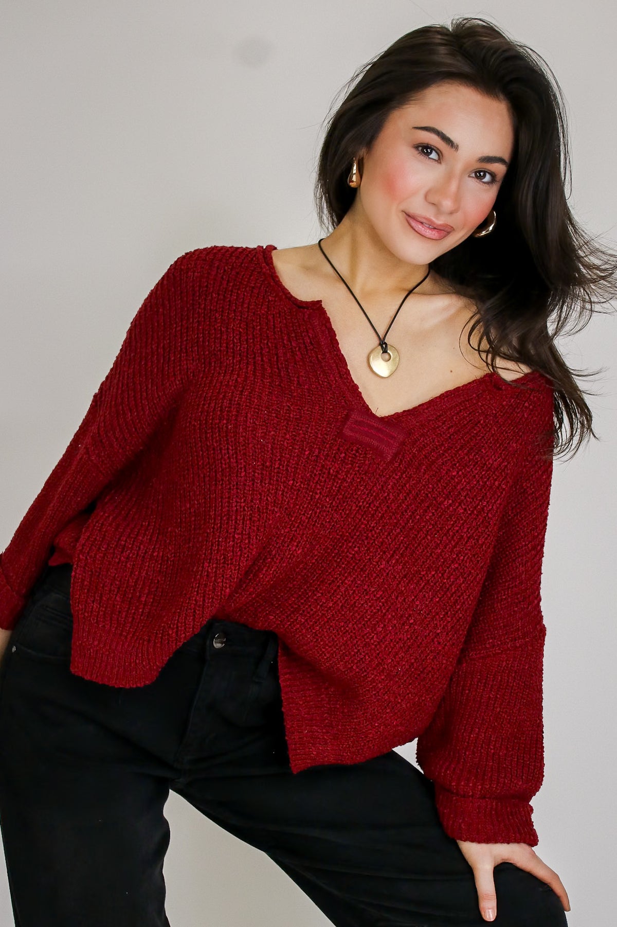 Leonie V-Neck Patch Knit Pullover - Madison and Mallory