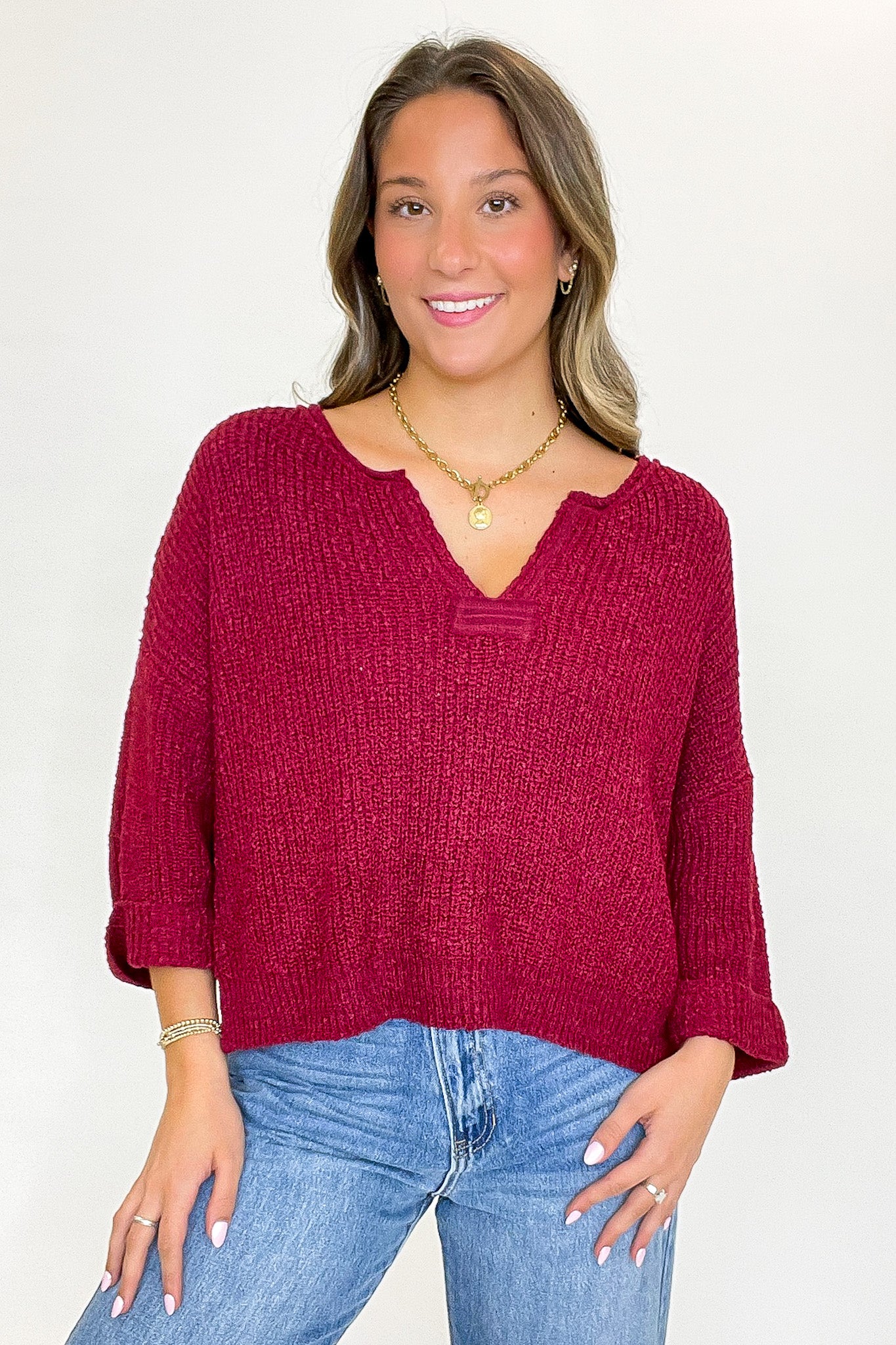 Leonie V-Neck Patch Knit Pullover - BACK IN STOCK