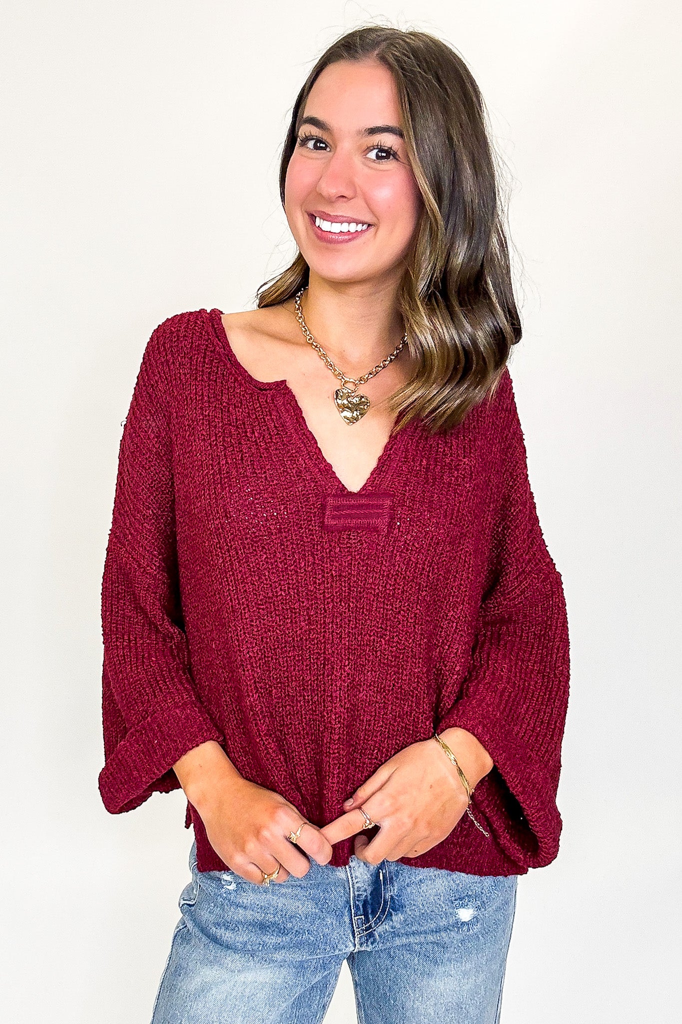 Leonie V-Neck Patch Knit Pullover - BACK IN STOCK