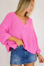 Candy Pink / SM Leonie V-Neck Patch Knit Pullover - Madison and Mallory