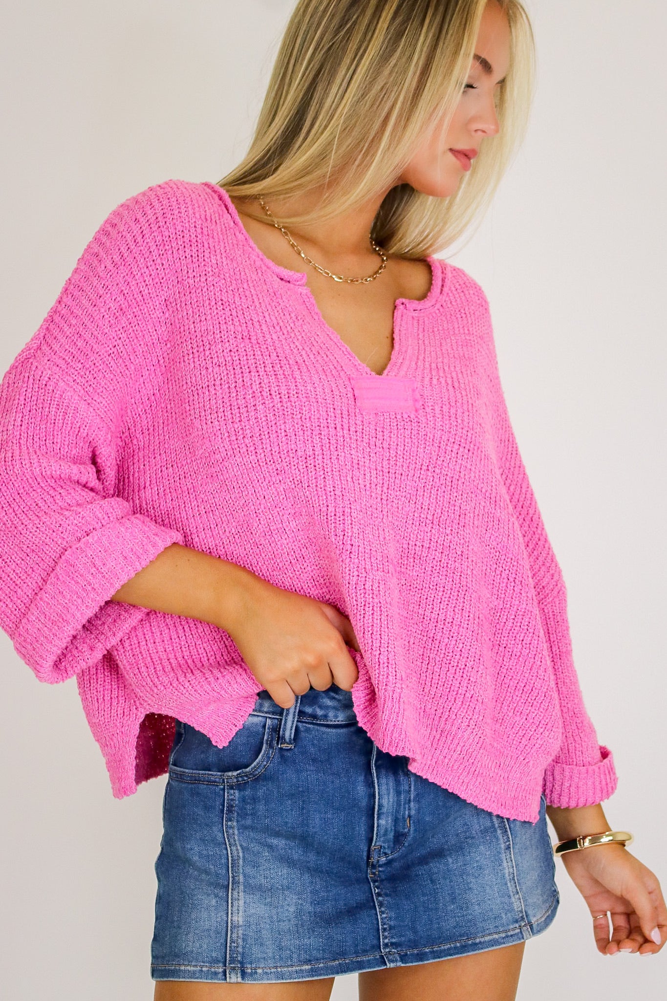 Candy Pink / SM Leonie V-Neck Patch Knit Pullover - Madison and Mallory