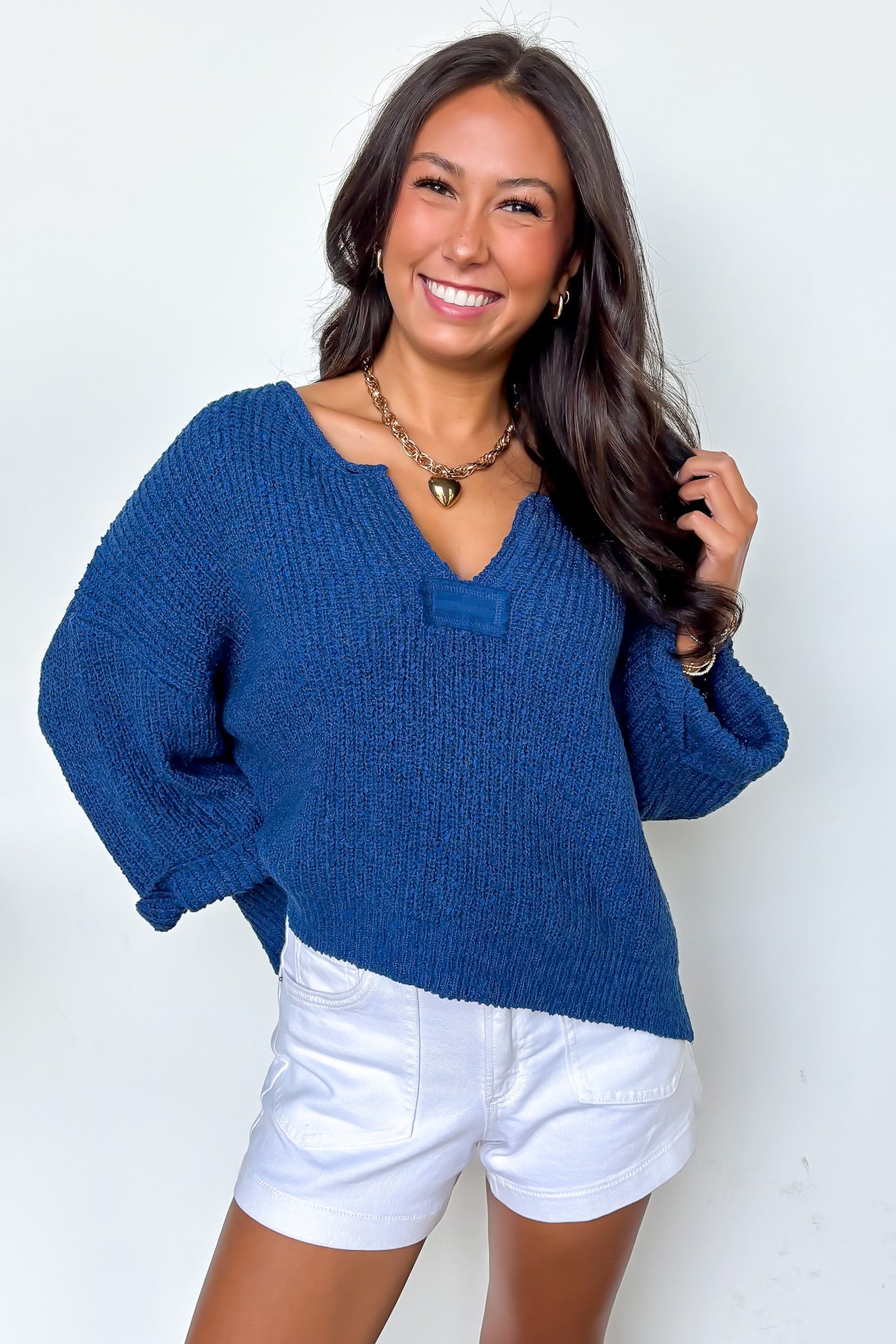 Leonie V-Neck Patch Knit Pullover - BACK IN STOCK