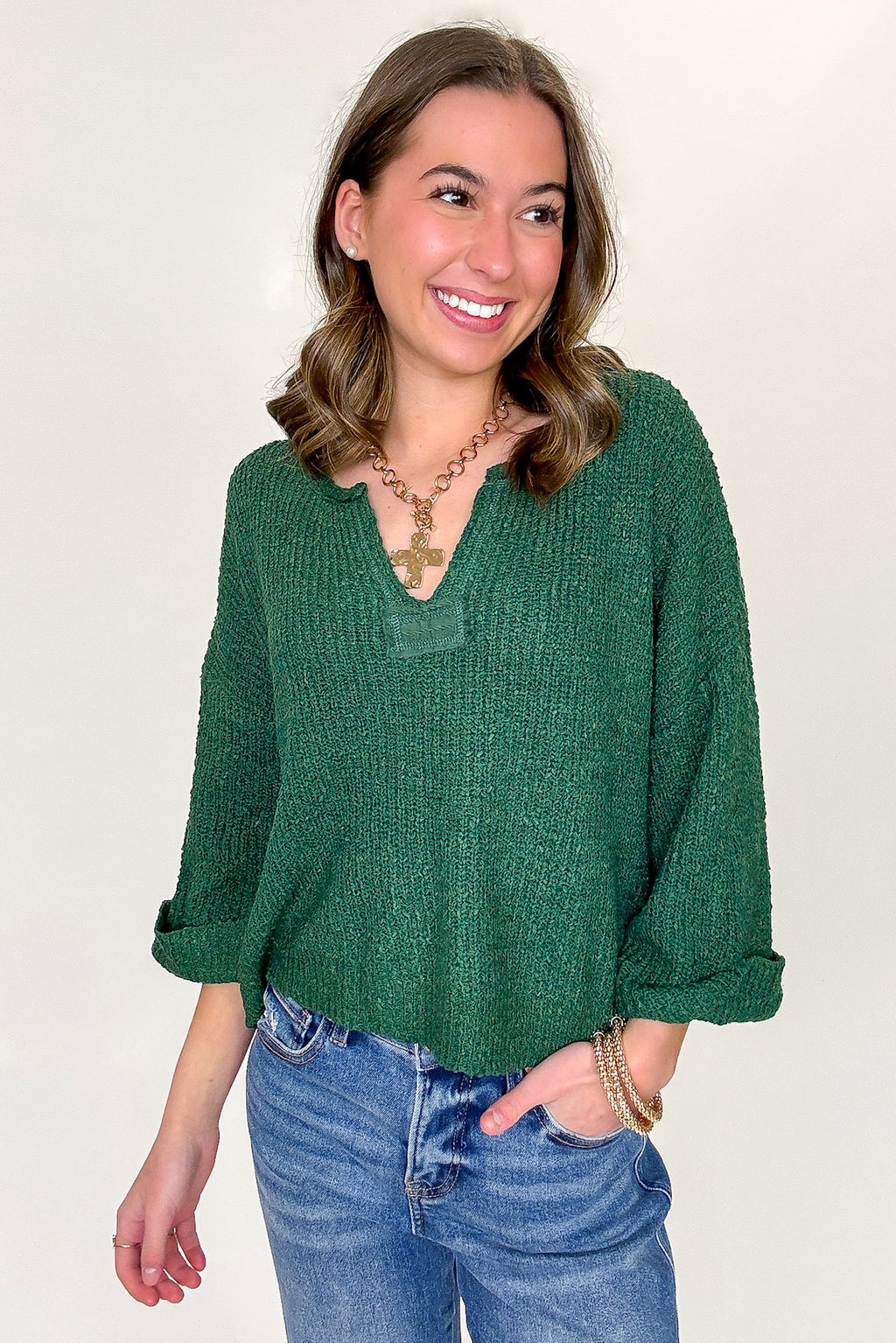 Leonie V-Neck Patch Knit Pullover - BACK IN STOCK - Madison and Mallory