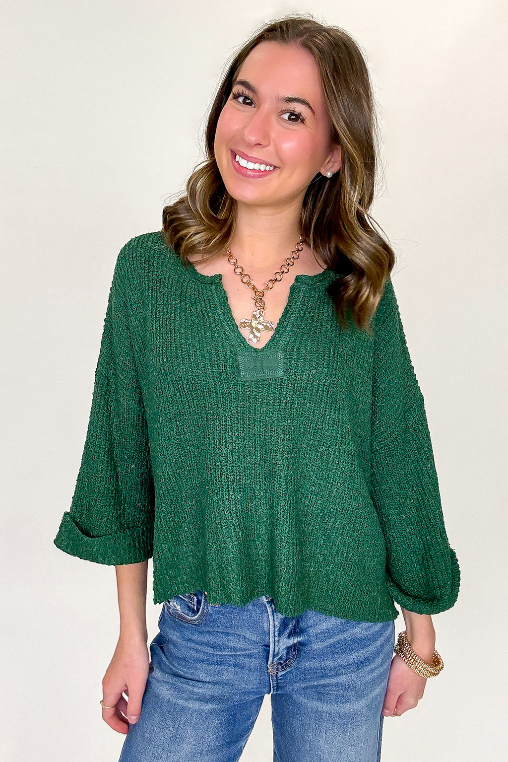 Dark Green / SM Leonie V-Neck Patch Knit Pullover - Madison and Mallory