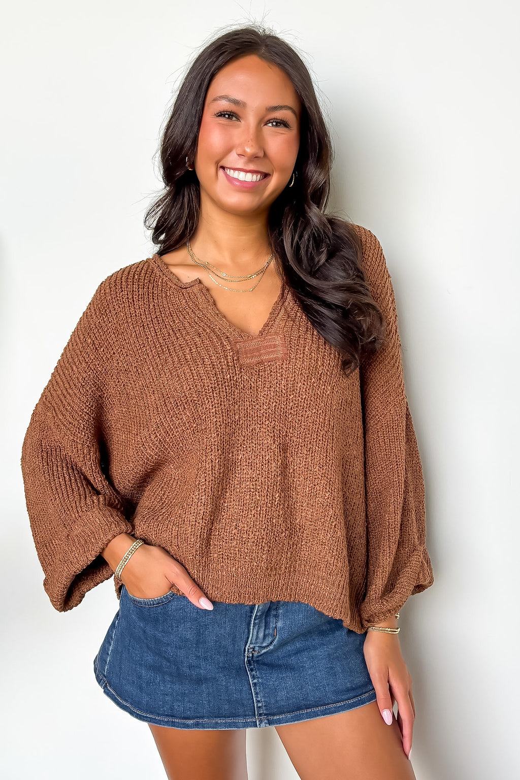 Deep Camel / SM Leonie V-Neck Patch Knit Pullover - Madison and Mallory