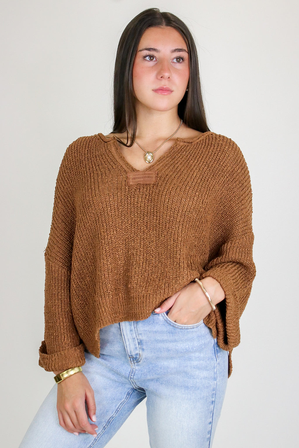 Leonie V-Neck Patch Knit Pullover - Madison and Mallory