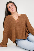 Deep Camel / SM Leonie V-Neck Patch Knit Pullover - Madison and Mallory