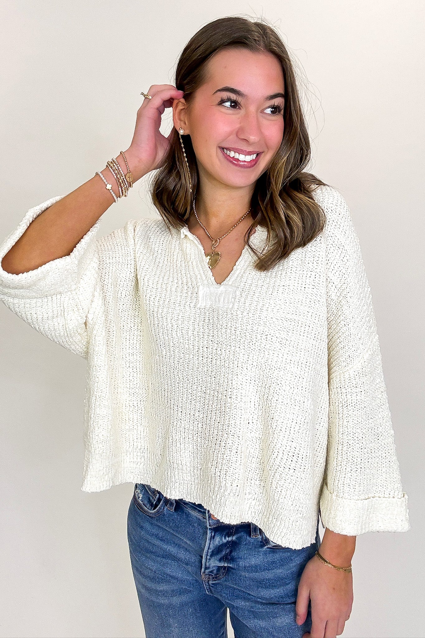 Ivory / SM Leonie V-Neck Patch Knit Pullover - BACK IN STOCK - Madison and Mallory
