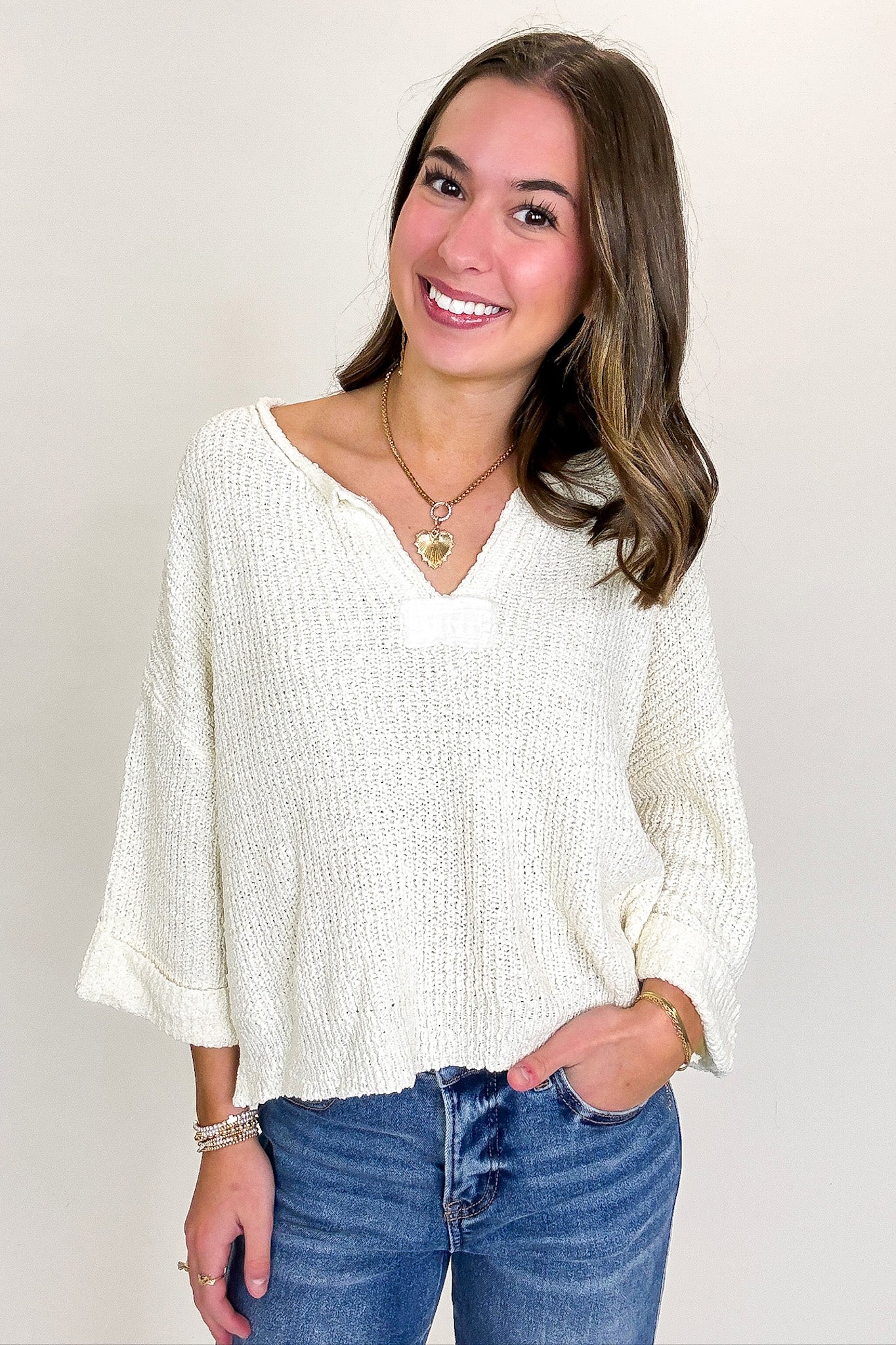 Leonie V-Neck Patch Knit Pullover - BACK IN STOCK