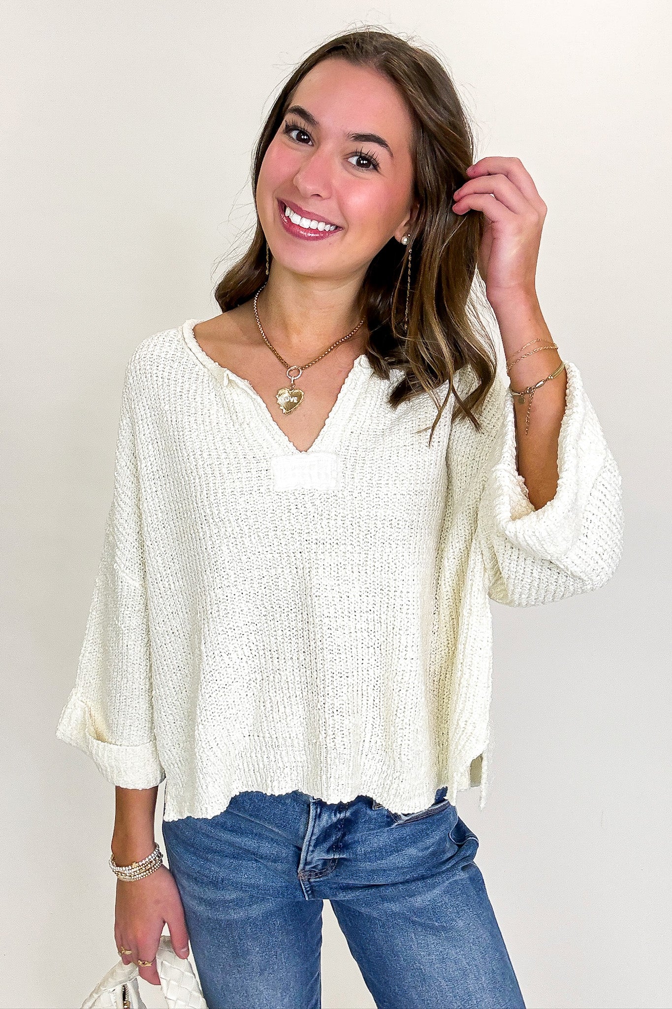 Leonie V-Neck Patch Knit Pullover - BACK IN STOCK