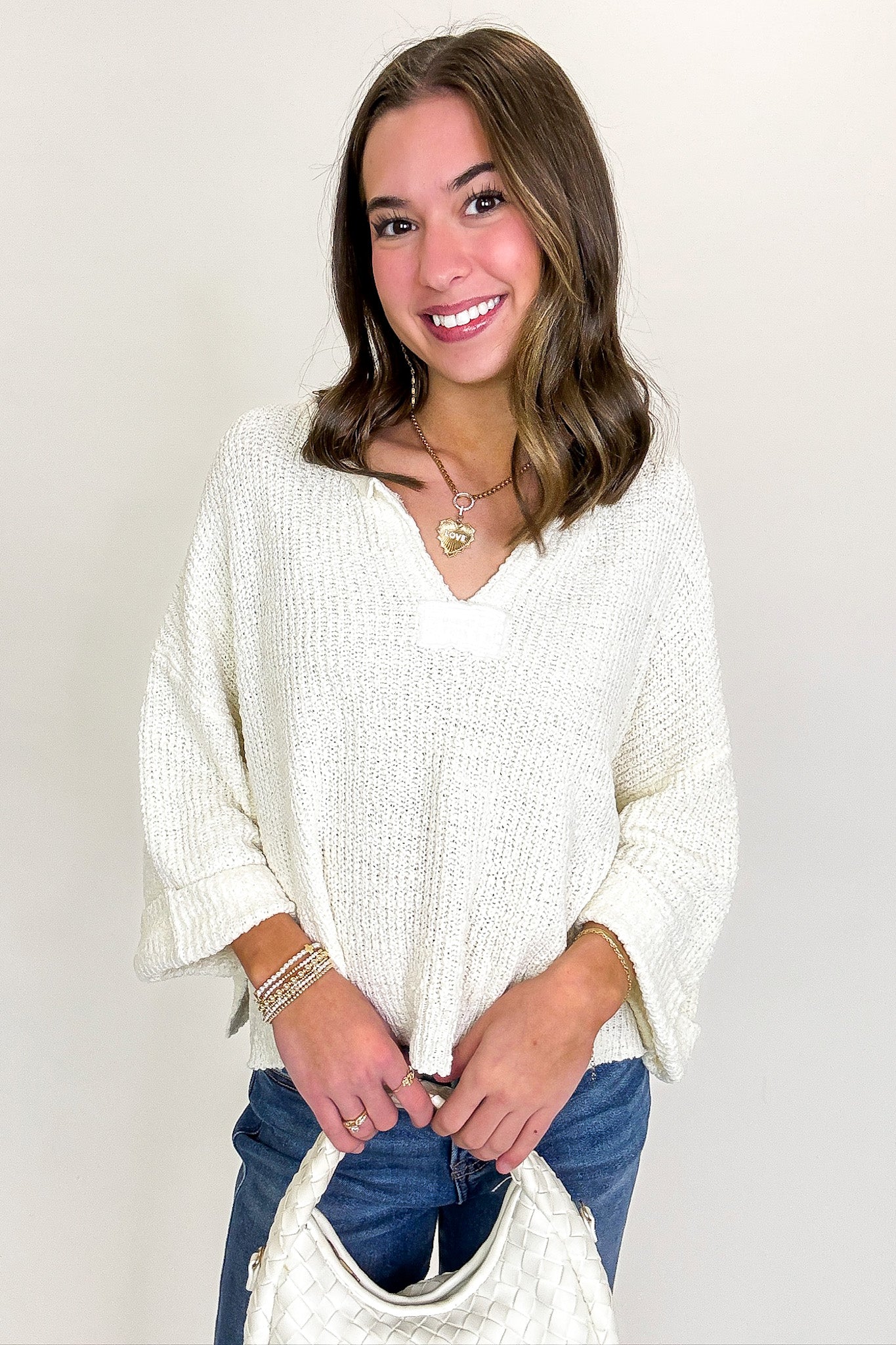 Leonie V-Neck Patch Knit Pullover - BACK IN STOCK