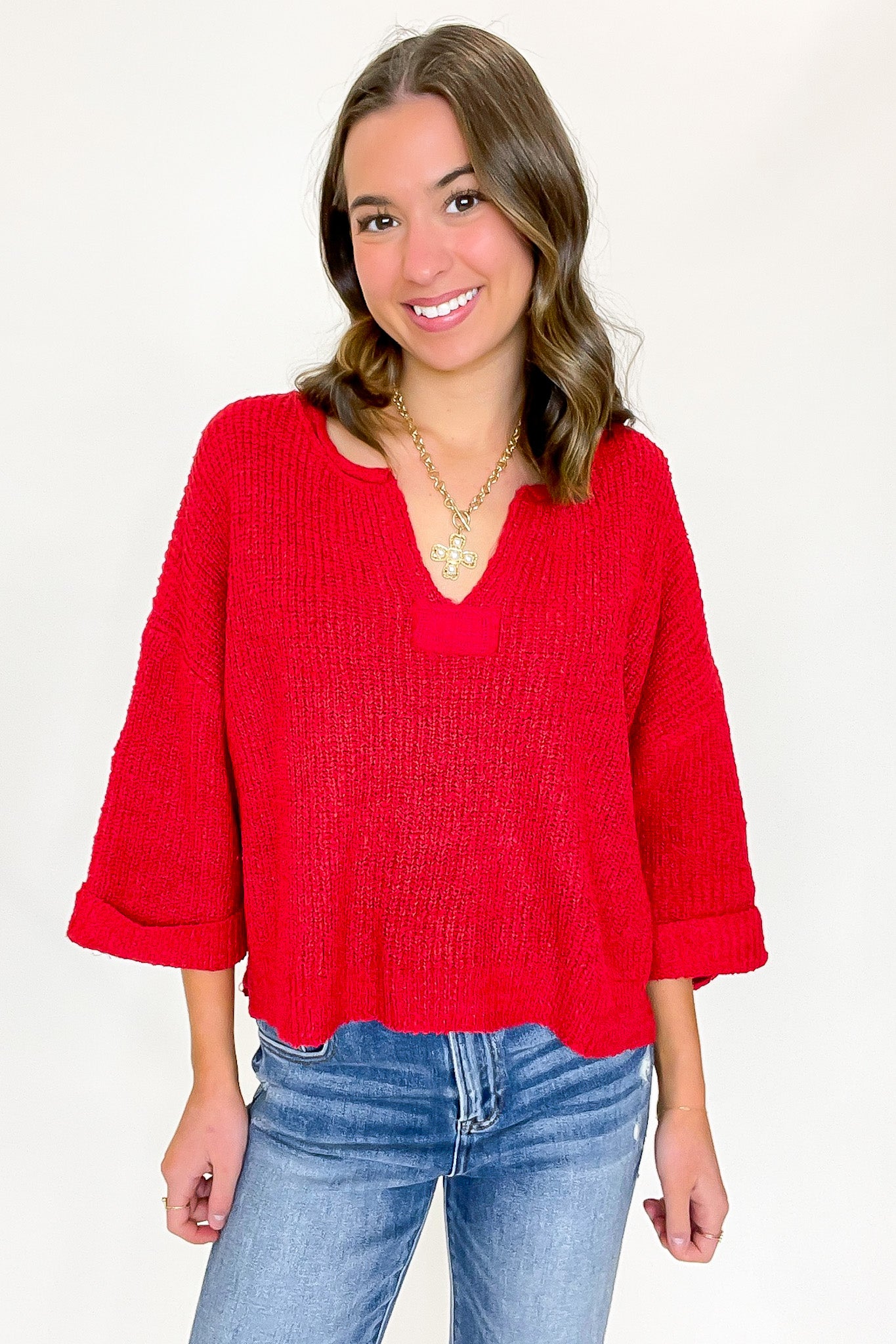 Leonie V-Neck Patch Knit Pullover - BACK IN STOCK