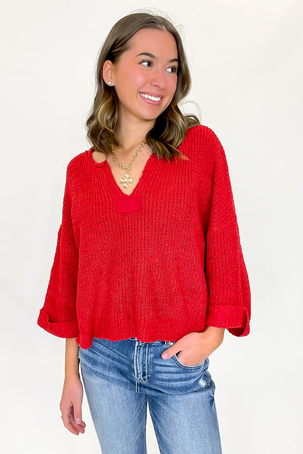 Ruby / SM Leonie V-Neck Patch Knit Pullover - BACK IN STOCK - Madison and Mallory