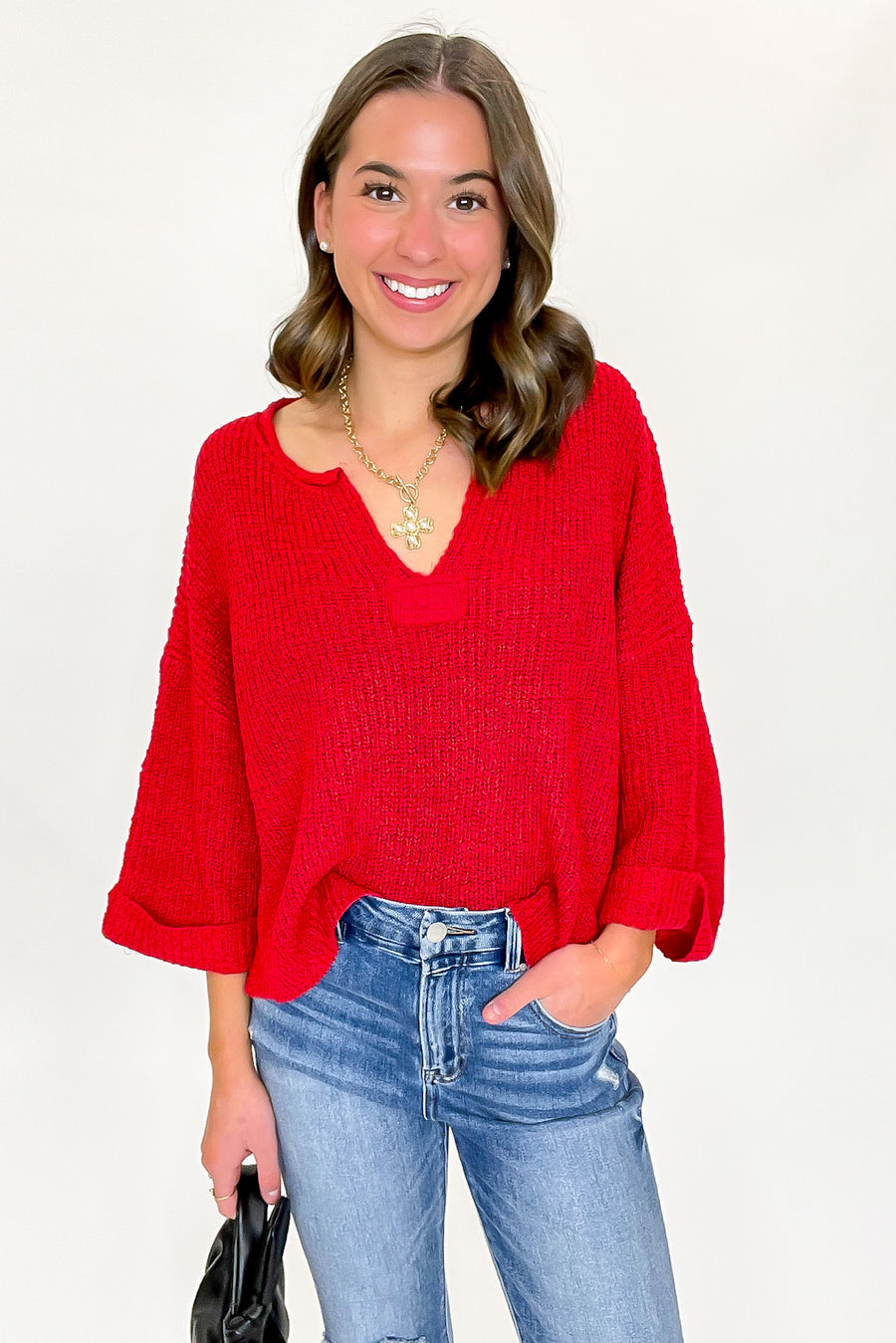 Leonie V-Neck Patch Knit Pullover - BACK IN STOCK - Madison and Mallory