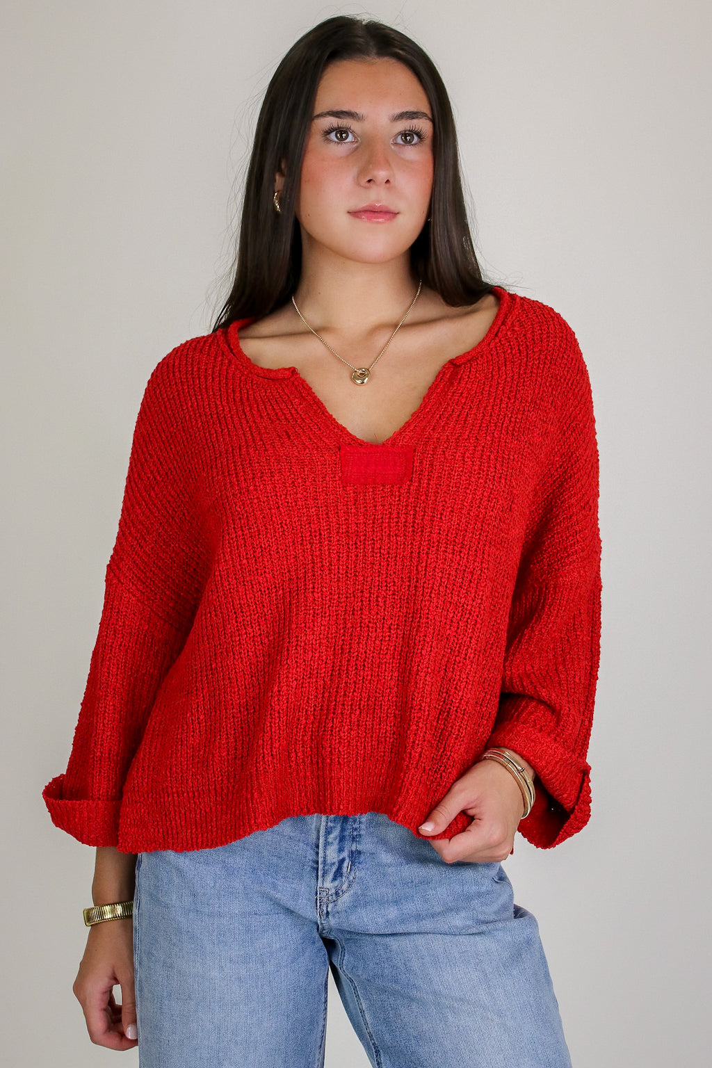 Leonie V-Neck Patch Knit Pullover