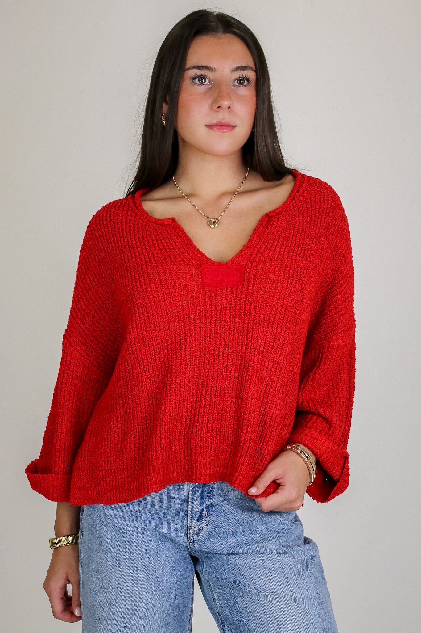 Leonie V-Neck Patch Knit Pullover