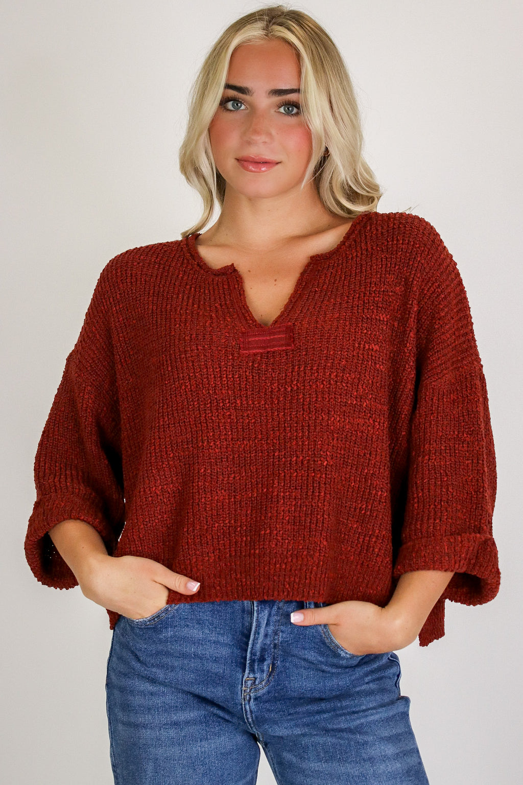 Leonie V-Neck Patch Knit Pullover - Madison and Mallory