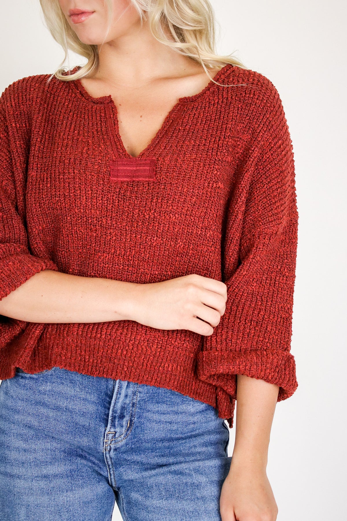 Leonie V-Neck Patch Knit Pullover - Madison and Mallory