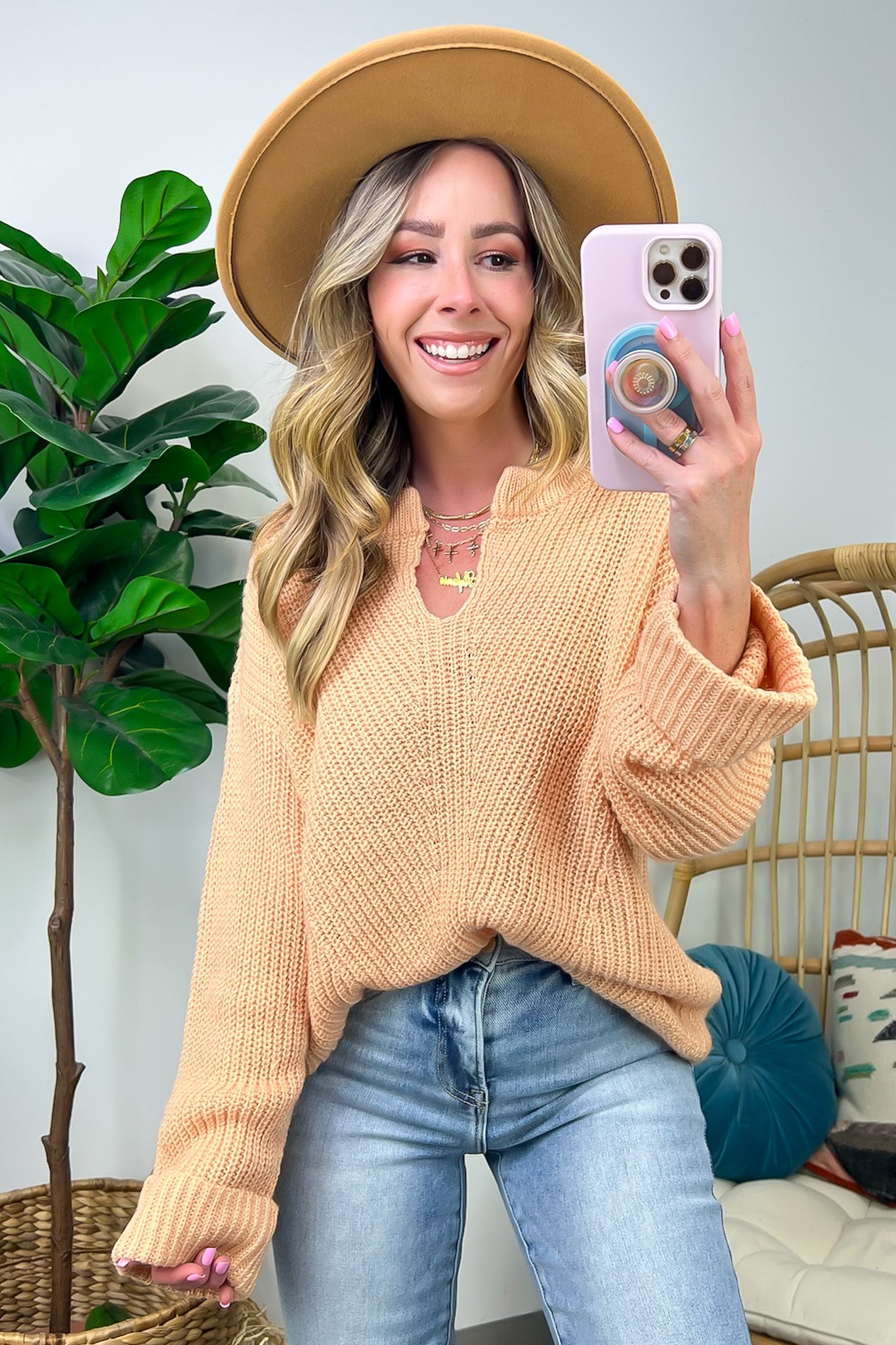 Peach / S Leraine V-Neck Cable Knit Sweater - Madison and Mallory