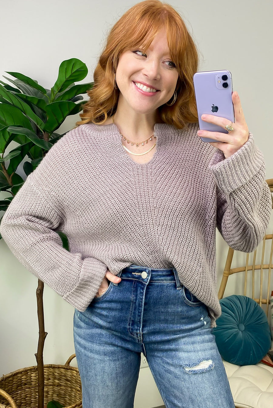 Mocha / S Leraine V-Neck Cable Knit Sweater - FINAL SALE - Madison and Mallory
