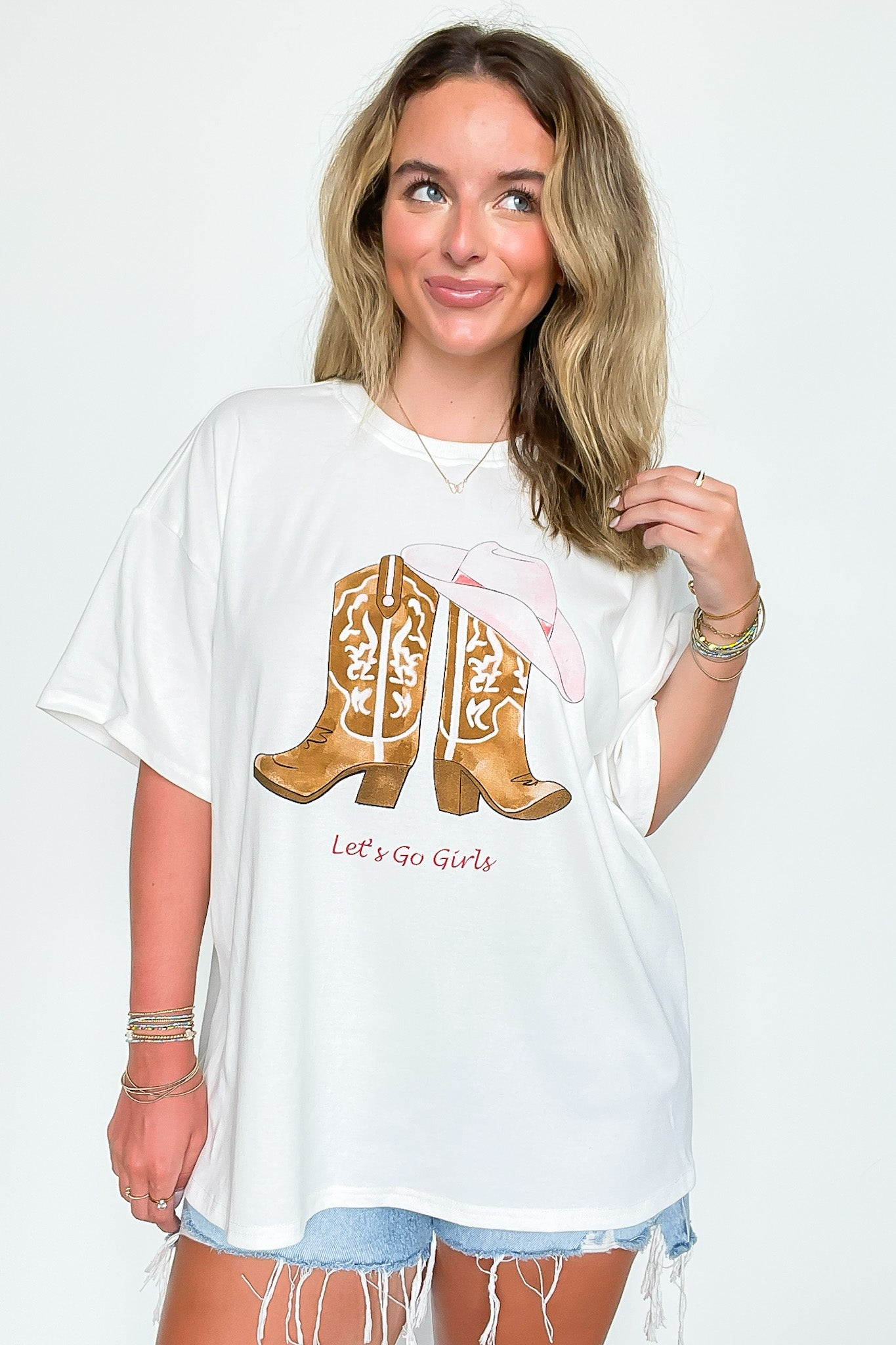 S / White Let's Go Girls Boot Graphic Oversized Tee - FINAL SALE - Madison and Mallory