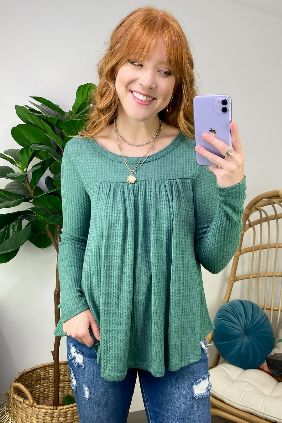 Green / S Levally Waffle Knit Shirred Detail Top - FINAL SALE - Madison and Mallory