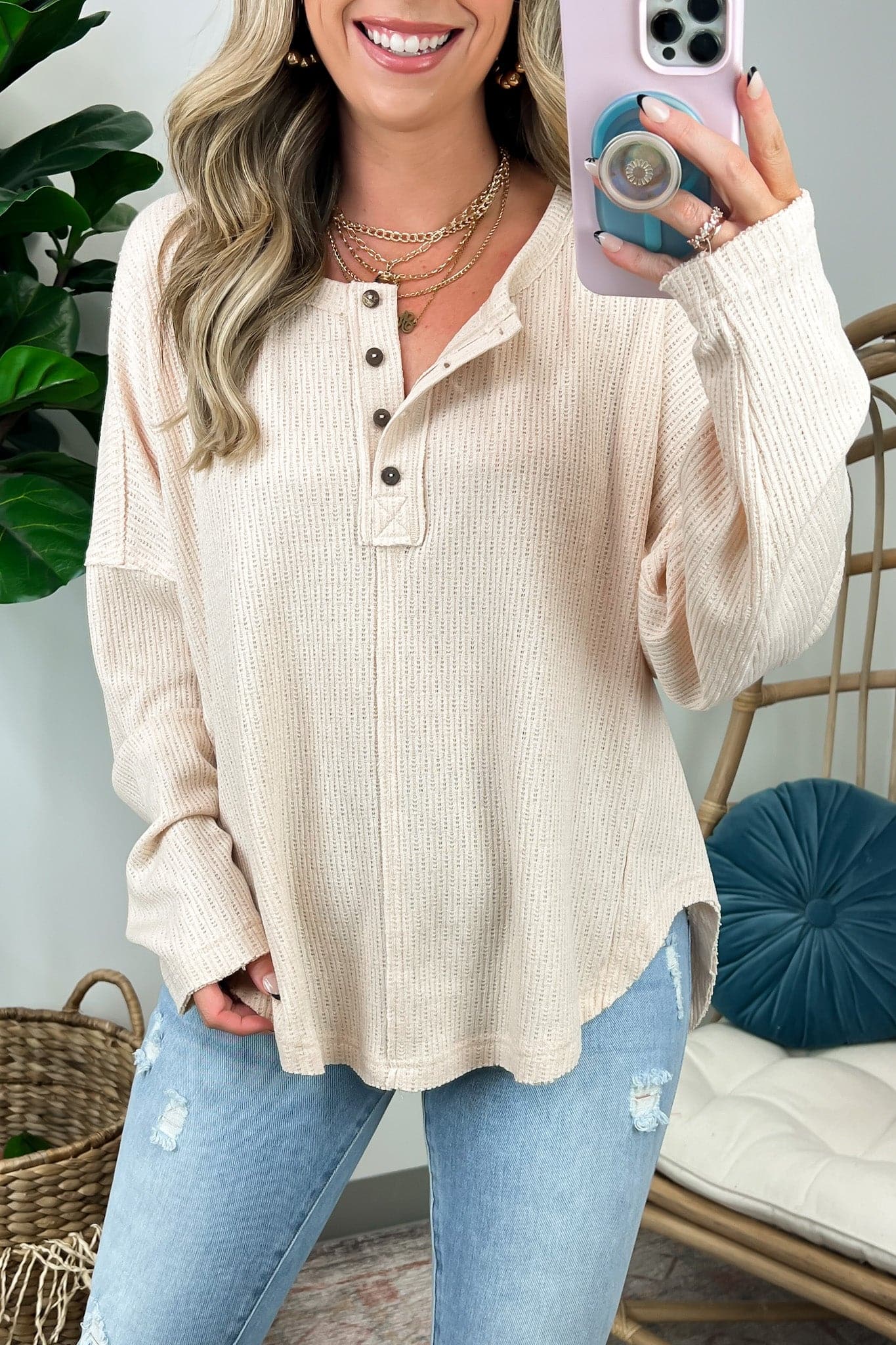 Beige / S Lexia Button Down Henley Waffle Top - BACK IN STOCK - Madison and Mallory