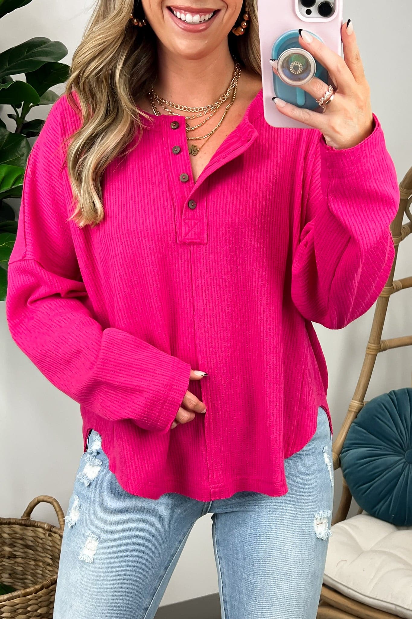 Hot Pink / S Lexia Button Down Henley Waffle Top - BACK IN STOCK - Madison and Mallory