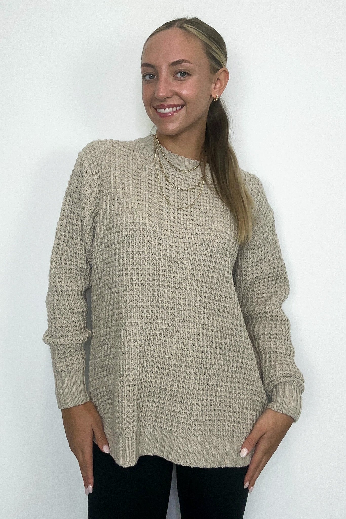 Heather Beige / S Lila High Low Waffle Knit Sweater - FINAL SALE - Madison and Mallory