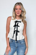 Cream / S Lilia Patterned Front Bow Detail Knit Sleeveless Top - FINAL SALE - Madison and Mallory