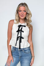 Cream / S Lilia Patterned Front Bow Detail Knit Sleeveless Top - FINAL SALE - Madison and Mallory