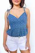 S / Denim/White Lily Tie Strap Bubble Hem Top - Madison and Mallory