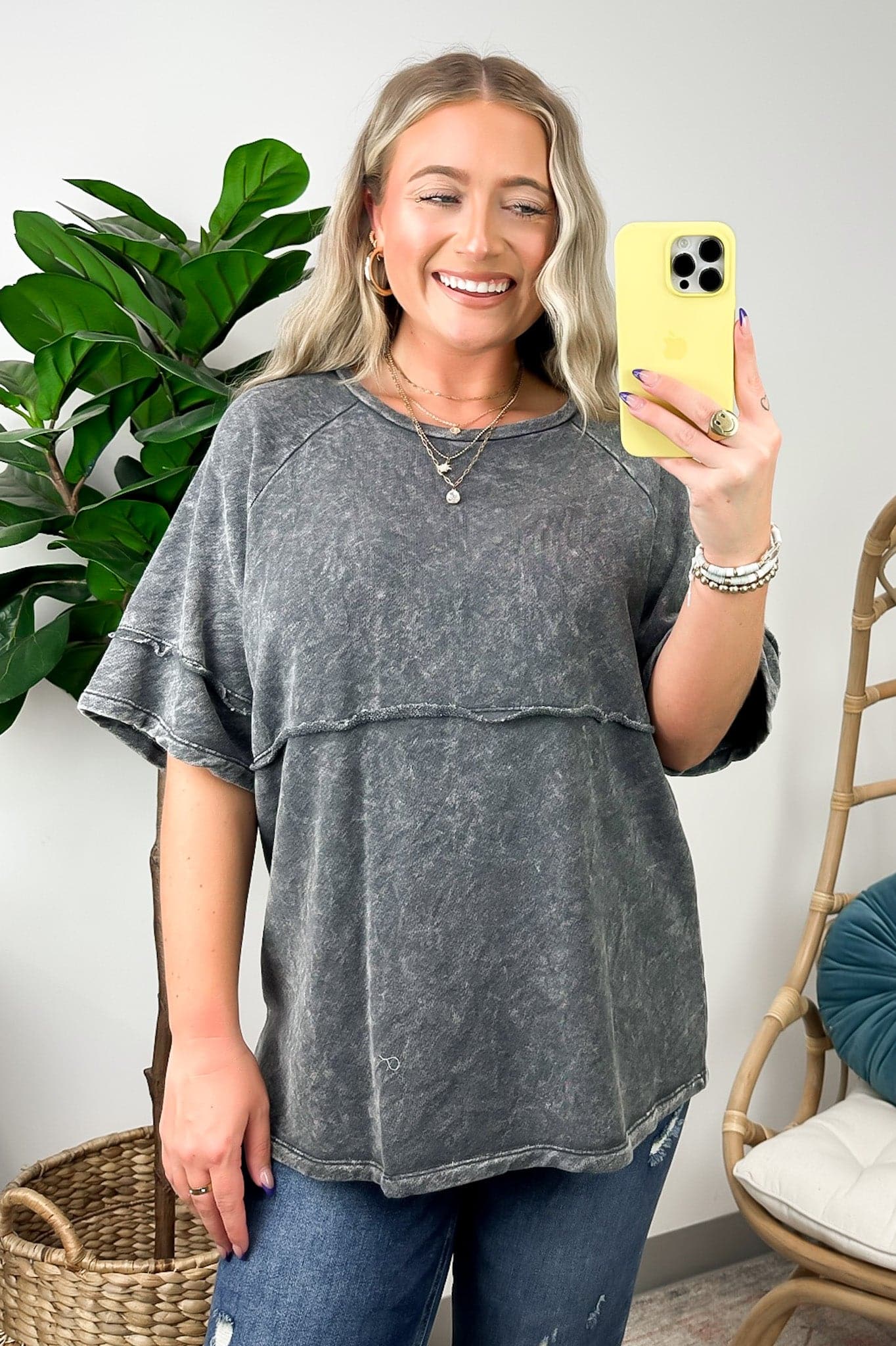 Charcoal / S Lilyanah Washed Raw Edge Loose Fit Tee - FINAL SALE - Madison and Mallory