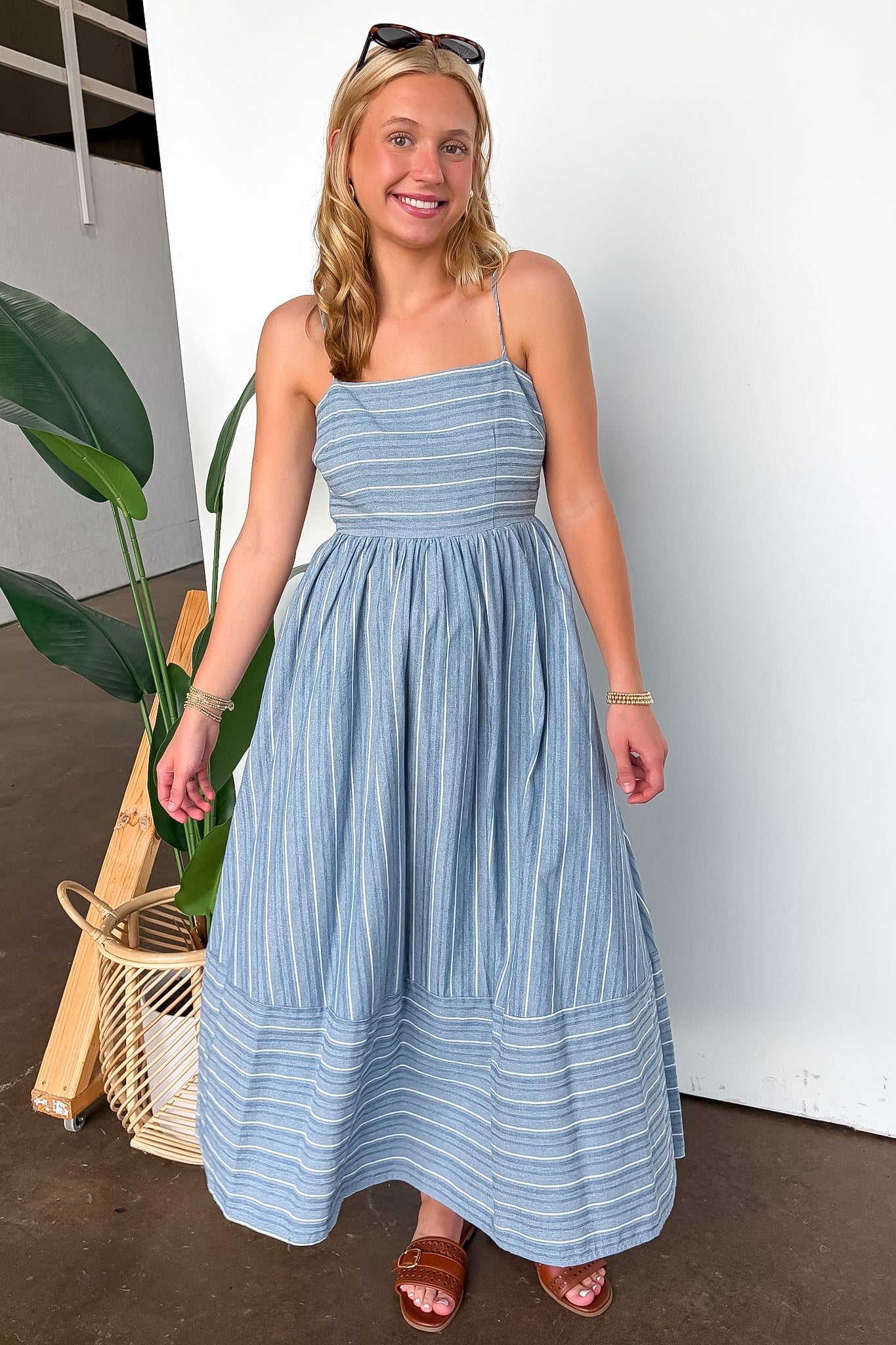 Blue / S Linear Ease Striped Smocked Back Dress - Madison and Mallory