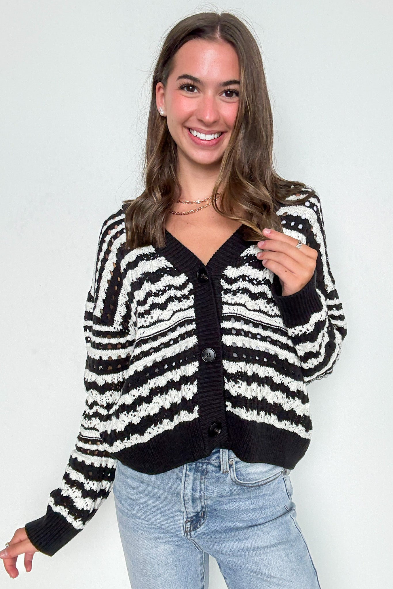 S / Ivory Black Linear Layers Striped Knit Cardigan - Madison and Mallory
