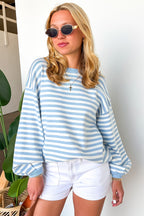 S / Sky Blue Stripe Linear Lounge Striped Sweater - Madison and Mallory