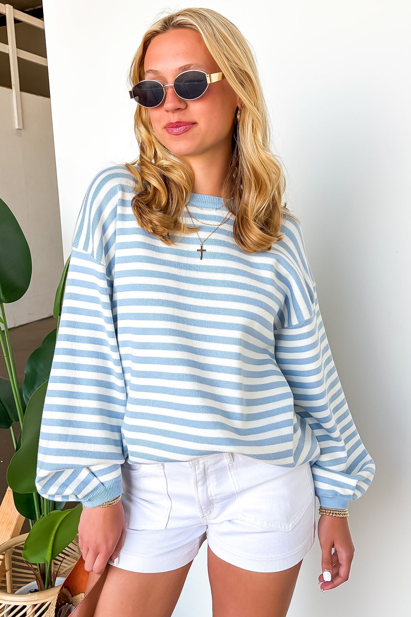 S / Sky Blue Stripe Linear Lounge Striped Sweater - Madison and Mallory