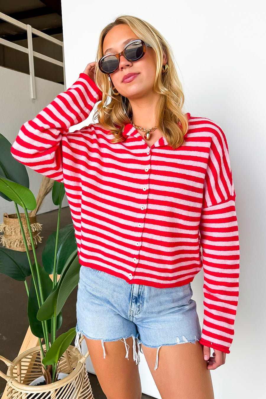 Pink/Red / S Linear Ease Button Front Striped Knit Cardigan Sweater - Madison and Mallory