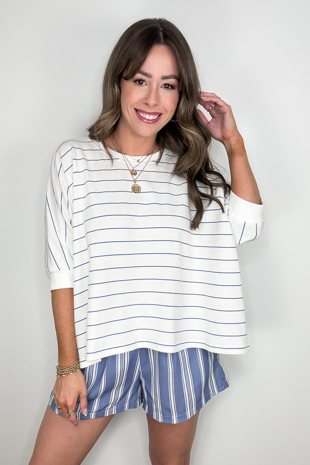 Off White/Blue / S Line by Line Striped Dolman Knit Top - FINAL SALE - Madison and Mallory