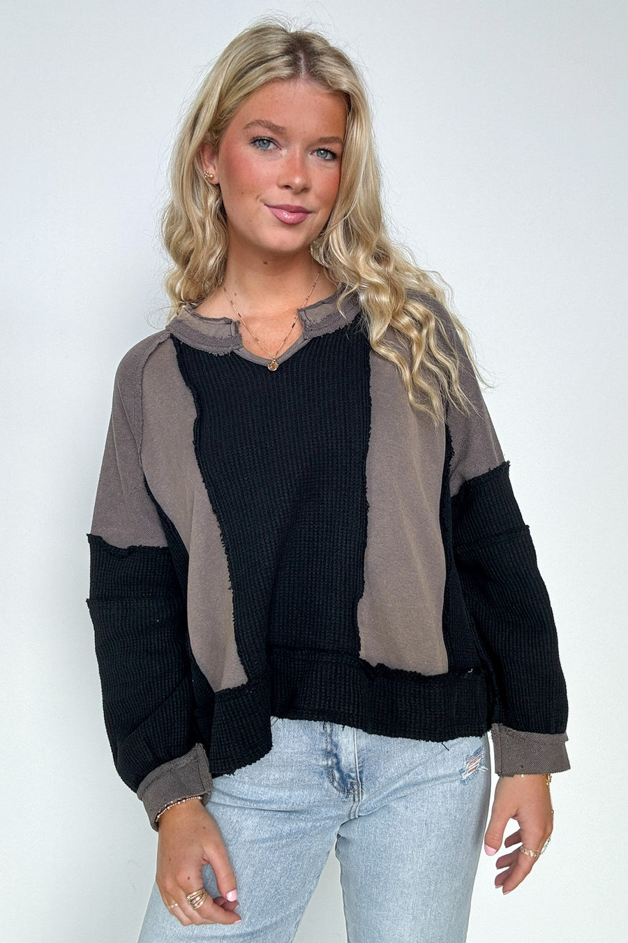  Lisette Notched Neck Contrast Knit Top - Madison and Mallory