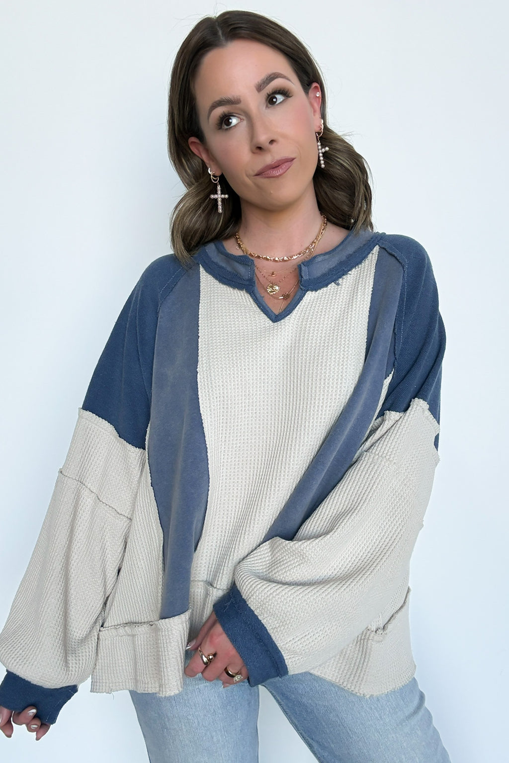 Lisette Notched Neck Contrast Knit Top - BACK IN STOCK - Madison and Mallory