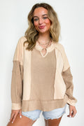 Beige / S Lisette Notched Neck Contrast Knit Top - Madison and Mallory