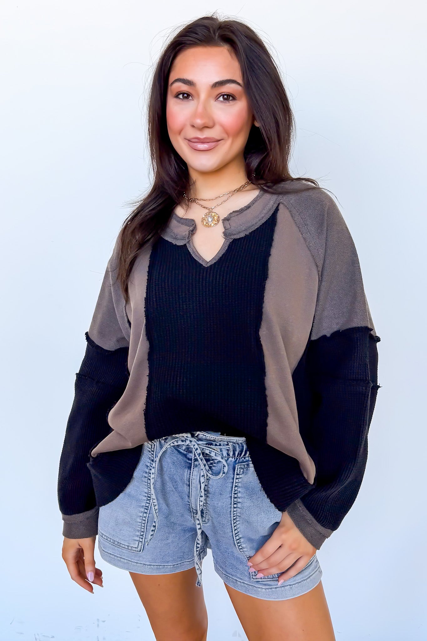 Lisette Notched Neck Contrast Knit Top - BACK IN STOCK - Madison and Mallory